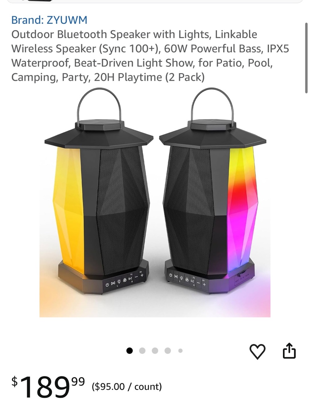 LED Lantern Bluetooth Speaker Pair - Black with Multicolor Lights